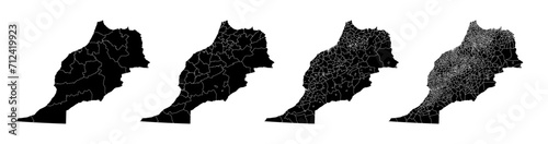 Set of isolated Morocco maps with regions. Isolated borders, departments, municipalities.