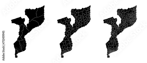 Set of isolated Mozambique maps with regions. Isolated borders, departments, municipalities.