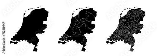 Set of isolated Netherlands maps with regions. Isolated borders, departments, municipalities.