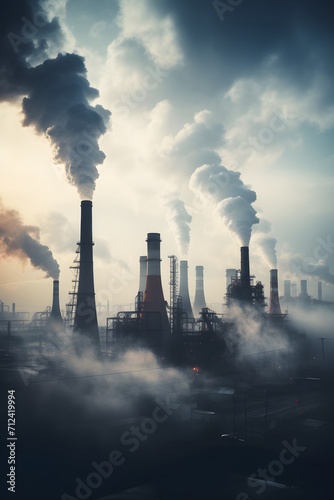 Industrial factory tall smokestacks released smoky emissions from smoke pipes. CO2 greenhouse gas  deteriorating air quality  air pollution  and climate change. Carbon dioxide gas.