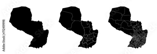 Set of isolated Paraguay maps with regions. Isolated borders, departments, municipalities.