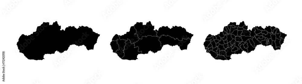 Set of isolated Slovakia maps with regions. Isolated borders, departments, municipalities.