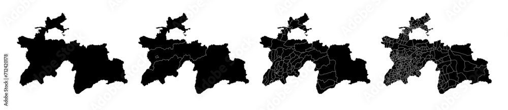 Set of isolated Tajikistan maps with regions. Isolated borders, departments, municipalities.