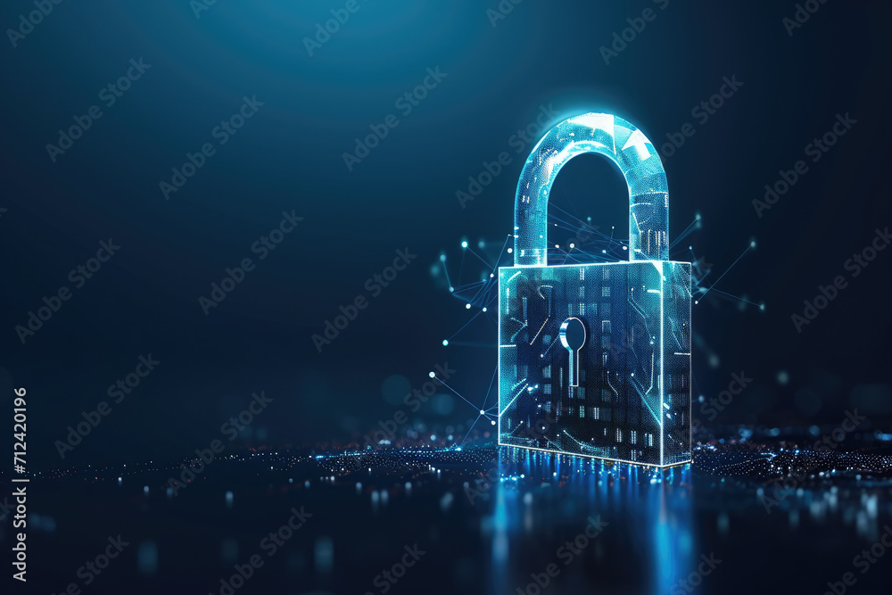 Creative digital polygonal open padlock hologram on blue background with mock up place. Safety, protection and security concept. Generative AI - obrazy, fototapety, plakaty 