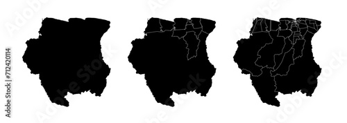Set of isolated Suriname maps with regions. Isolated borders, departments, municipalities.