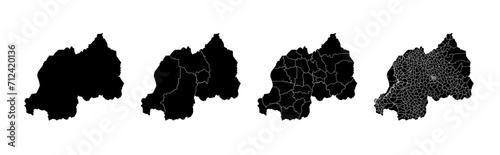 Set of isolated Rwanda maps with regions. Isolated borders, departments, municipalities.