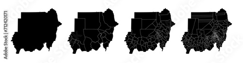 Set of isolated Sudan maps with regions. Isolated borders, departments, municipalities. photo