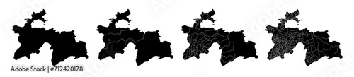 Set of isolated Tajikistan maps with regions. Isolated borders, departments, municipalities. photo