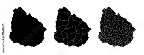 Set of isolated Uruguay maps with regions. Isolated borders, departments, municipalities.