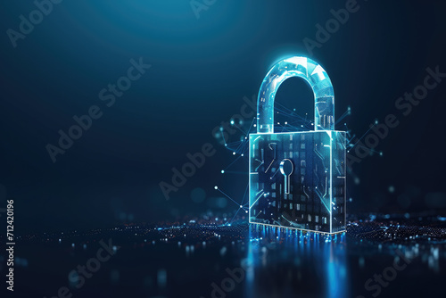 Creative digital polygonal open padlock hologram on blue background with mock up place. Safety, protection and security concept. Generative AI