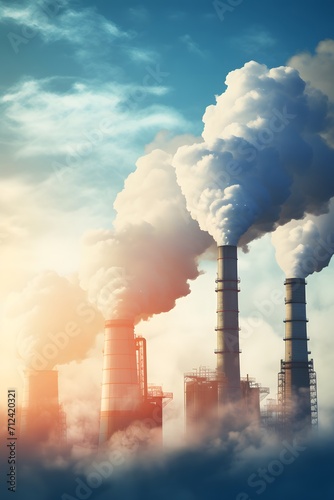 Industrial factory tall smokestacks released smoky emissions from smoke pipes. CO2 greenhouse gas, deteriorating air quality, air pollution, and climate change. Carbon dioxide gas. photo
