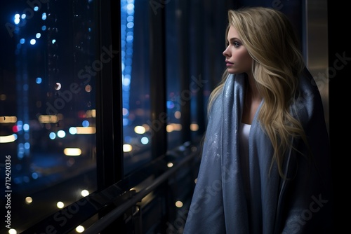Serenely Beautiful Blonde Admiring the Captivating Night Cityscape Through the Window