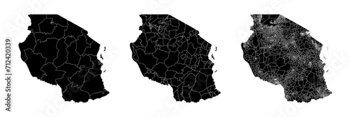 Set of isolated Tanzania maps with regions. Isolated borders, departments, municipalities.