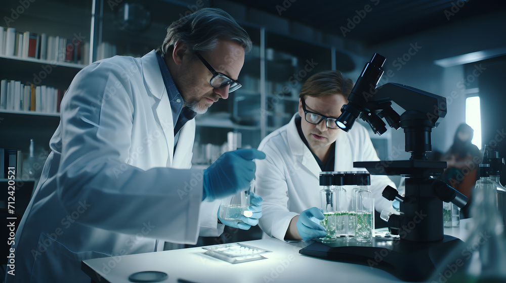 Fototapeta premium Group of doctors looking at microscope, doin g research in laboratory, working in teamwork and medicine medical, health care, lab, microbiology, generative ai 