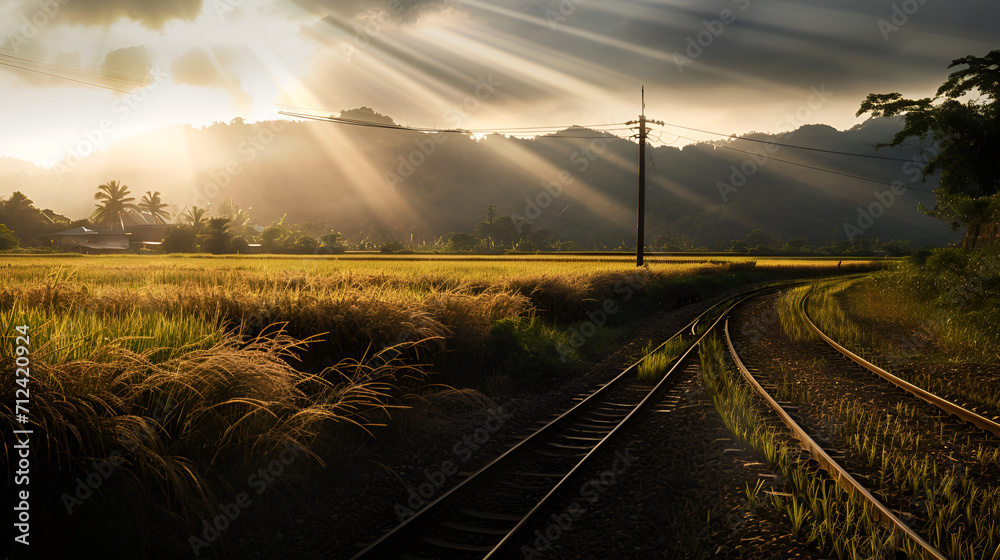 Mountain landscape with train track in the sun rise