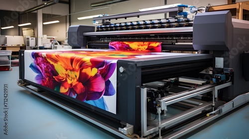 Large wide digital inkjet printing machine during production.  photo