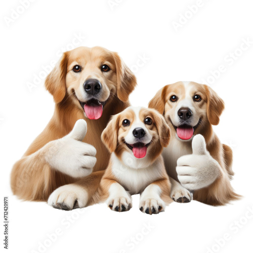 Family Golden Retriever dogs with thumbs up isolated on transparent background.