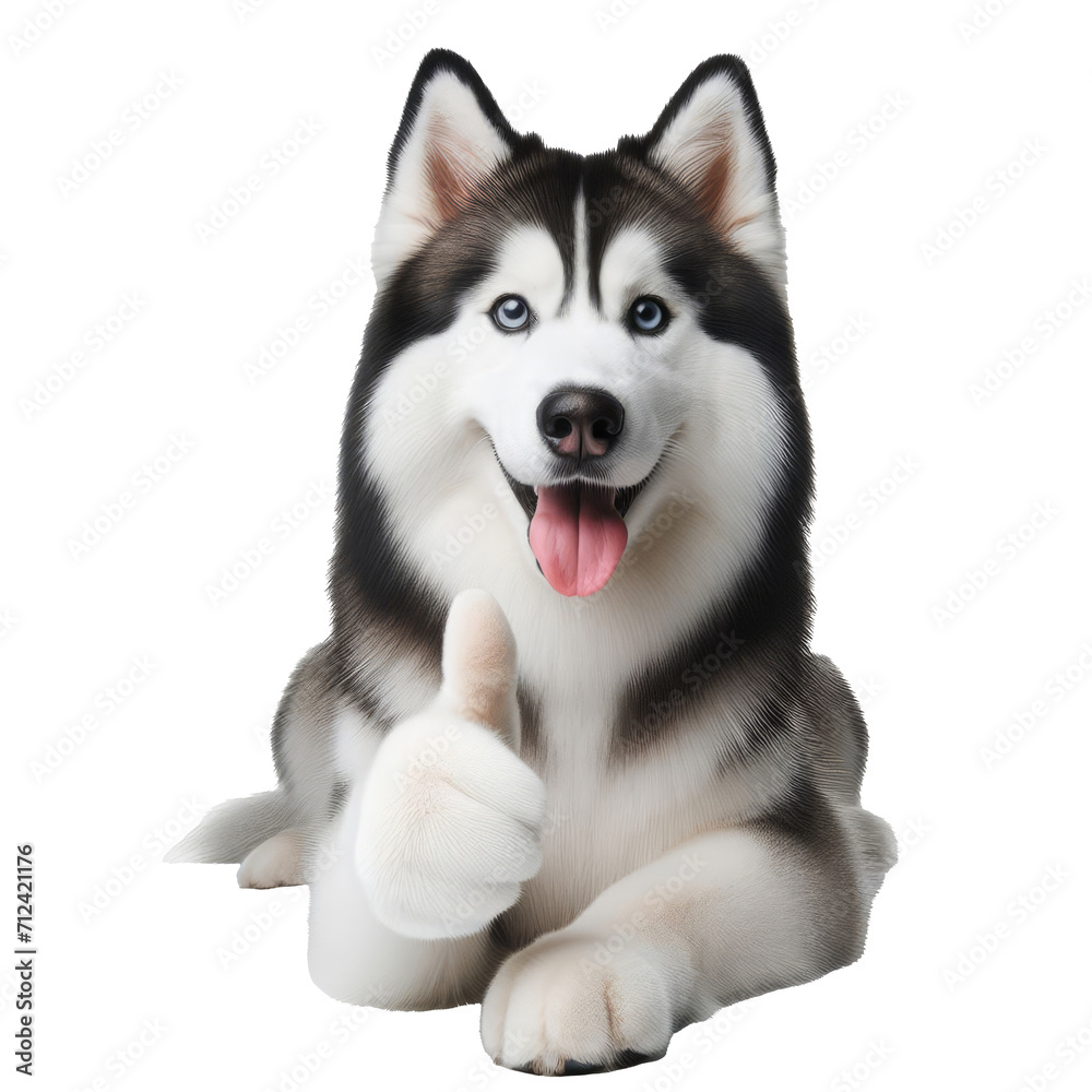 Siberian husky dog with thumbs up isolated on transparent background.