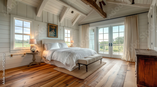 Farmhouse interior design of modern bedroom with hardwood floo photo