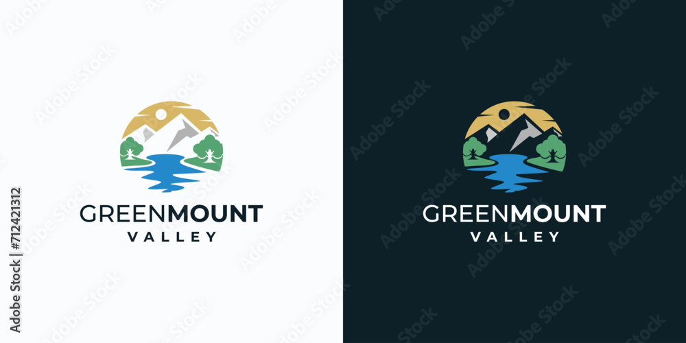 Vector logo design illustration of mountain and river views with trees around.