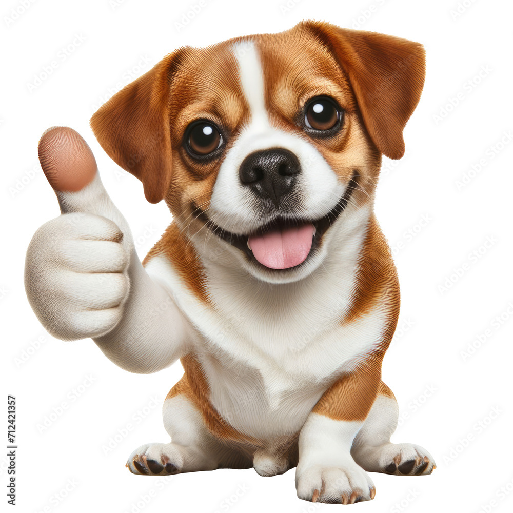 Funny dog with smiling and thumbs up, isolated on transparent background.