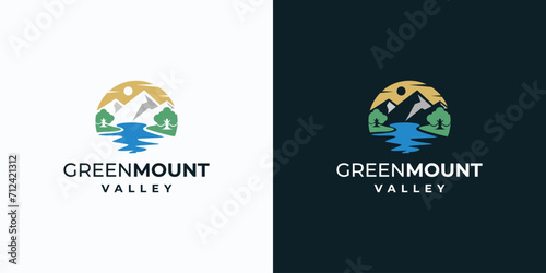 Vector logo design illustration of mountain and river views with trees around. photo