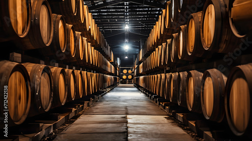 Whiskey  bourbon  scotch  wine barrels in an aging facility.