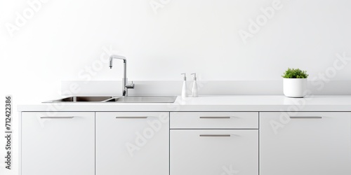 Isolated kitchen set with white sink, faucet, and cabinet for storage on white background.