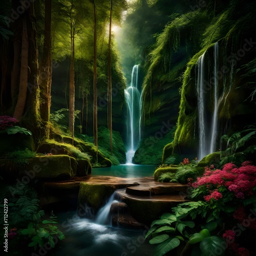 A cascading waterfall hidden deep within an enchanted forest  surrounded by lush greenery and vibrant  otherworldly flora