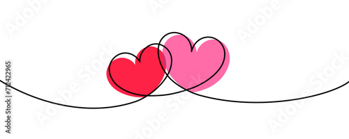 Valentines Day border, red and pink heart banner, line art