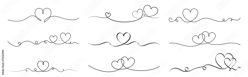 Valentine's Day borders set. Continuous line art heart shapes. Love dividers or banners for Valentine's Day, weddings or Mother's Day. Vector collection. - obrazy, fototapety, plakaty 