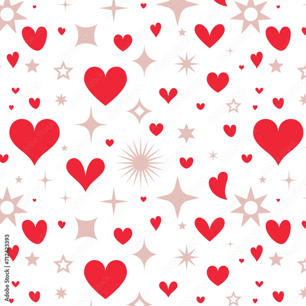 Seamless pattern with red hearts and gold sparkles. Mother's Day or Valentine's Day background
