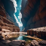 A surreal canyon landscape, where gravity seems to play tricks, causing rocks to float mid-air against a backdrop of cosmic clouds.