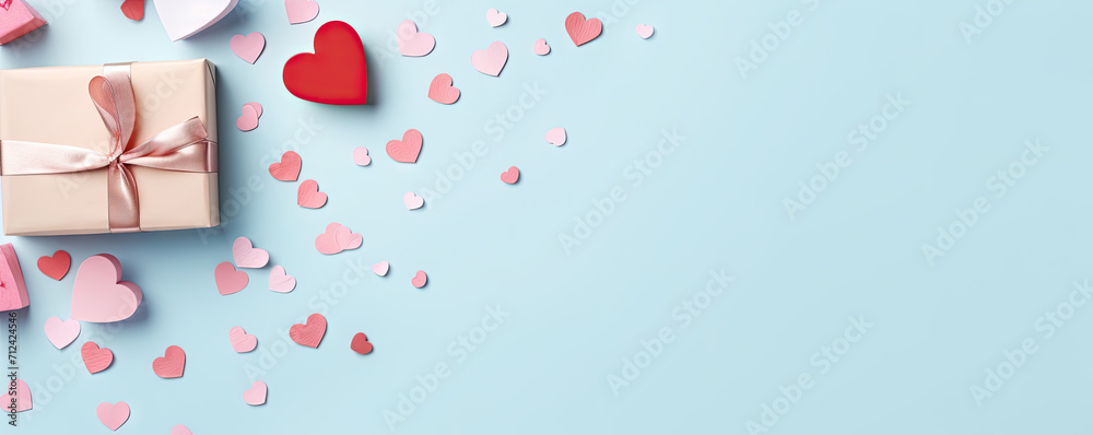 Valentines Day background. Gifts, candle, confetti, envelope on pastel blue background. Valentines day concept. Flat lay, top view, copy space Valentines Day background. Gifts, candle, confetti, envelope on pastel blue background. Valentines day concept. Flat lay, top view, copy space