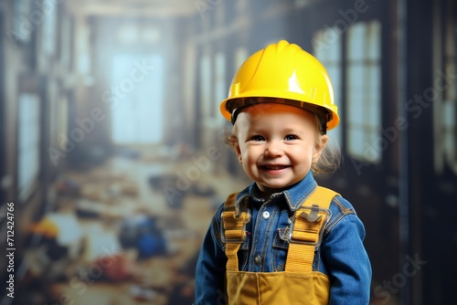 portrait of a little boy wearing a mason helmet, young builder © Yulia