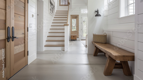 Wooden bench and steps. Farmhouse interior design of modern entryway  © midart