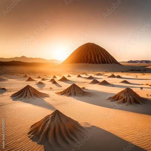 A surreal desert landscape with towering  crystal-like structures emerging from the arid sand  catching the last rays of the setting sun