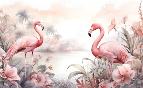 Flamingo in a garden illustration with soft watercolor style