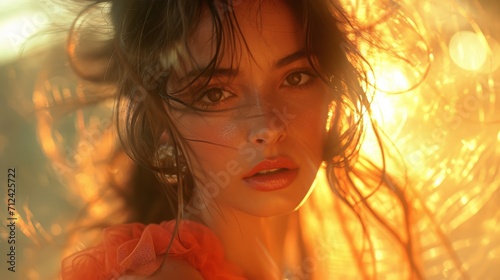 Glamour Background of a French Woman in Golden Hour with long Brown Hair having Perfect Detailed Pale Skin wearing Agent Provocateur Clothes created with Generative AI Technology