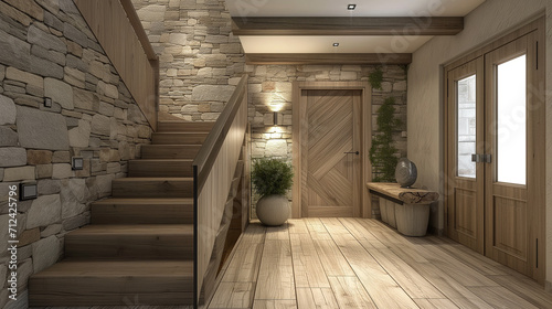  Wooden staircase and stone cladding wall in rustic hallway. Cozy home interior design of modern entrance hall with door
