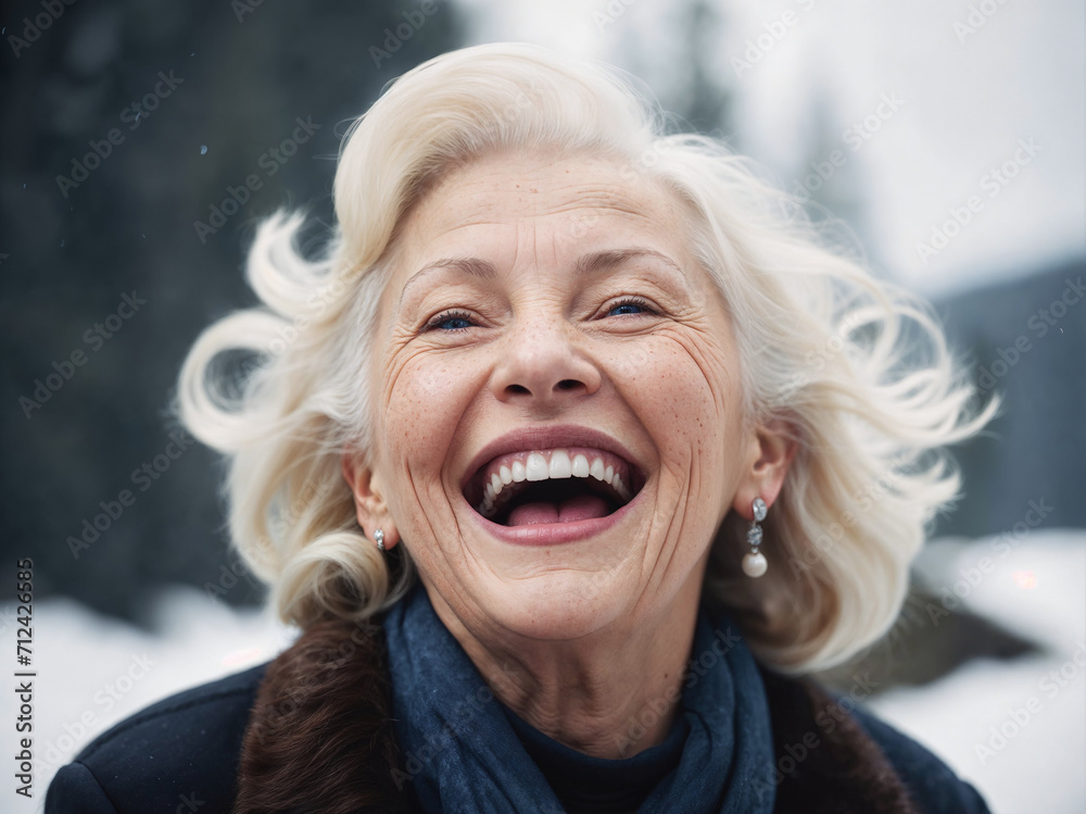 Close-up portrait of gorgeous happy senior lady. Highly detailed image.