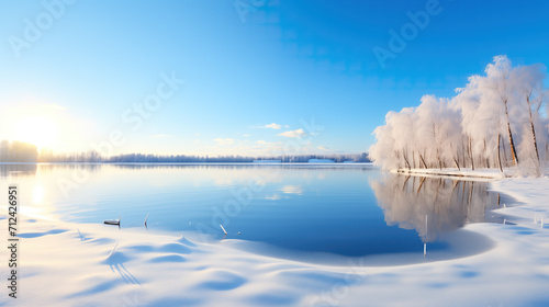 a small lake in winter with trees