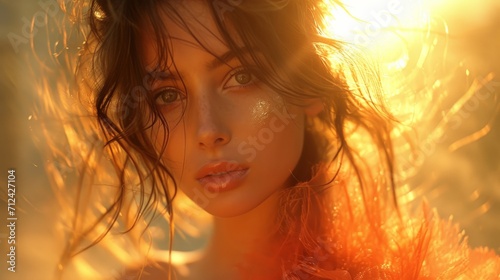 Glamour Background of a French Woman in Golden Hour with long Brown Hair having Perfect Detailed Pale Skin wearing Agent Provocateur Clothes created with Generative AI Technology