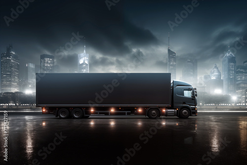 Truck on the road with cityscape background at night.