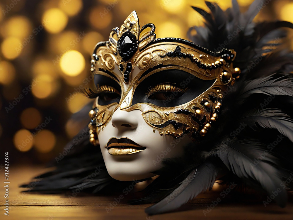 Mardi Gras Shiny Golden Carnival mask Black Feathers Background. Generative AI Mardi Gras Shiny Golden Carnival mask Black Feathers Background. Generative AI