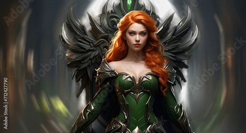 A beautiful girl with red hair, wearing green clothes