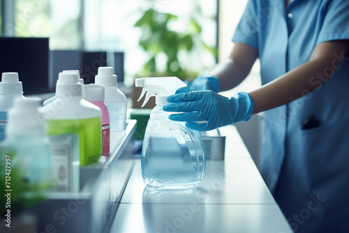 Cleaning container products with cleaner person hand in a office building or corporate business. Service worker scrub, gloves and liquid soap for disinfectant, sanitize and hygiene in the workplace  photo