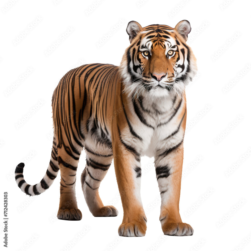 Full body portrait of a tiger, standing isolated on transparent background