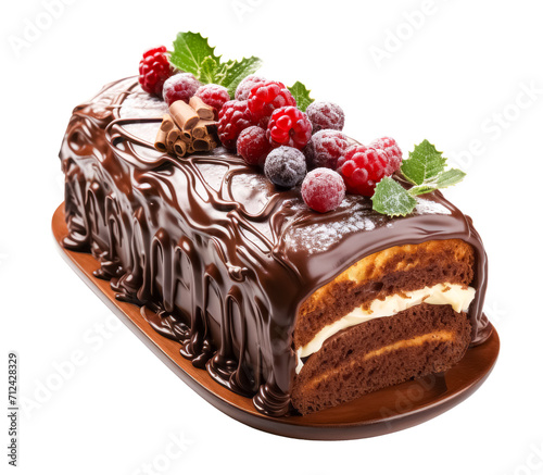 chocolate cake with raspberries on a wooden chopping board isolated on a transparent background