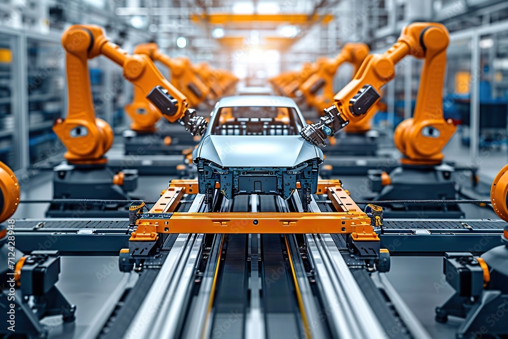 Precision at Work A Glimpse into a Modern Automated Car Manufacturing Plant with Robotic Arms Assembling a Vehicle